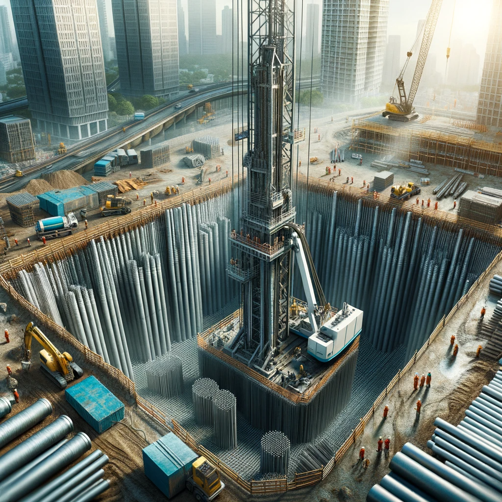 Advanced caisson drilling operation amidst a bustling urban construction site with a towering drill rig, organized rebar cages, and workers overseeing the process.